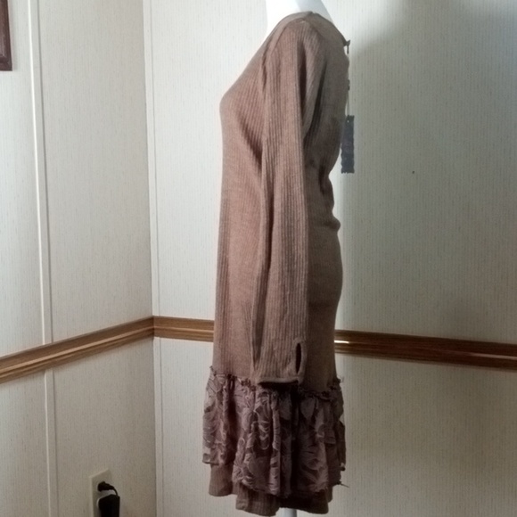 Pretty Angel Brown Long Sleeve Knit Dress with Lace Ruffle Hem Linen - Picture 4 of 8